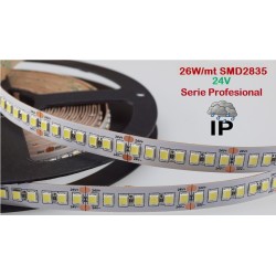 Tira LED Flexible 24V 26W/mt 240 Led/mt SMD 2835 IP65 Blanco Cálido, Serie Profesional, rollo 10 mts